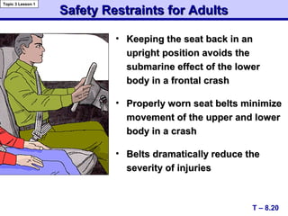 • Keeping the seat back in anKeeping the seat back in an
upright position avoids theupright position avoids the
submarine effect of the lowersubmarine effect of the lower
body in a frontal crashbody in a frontal crash
• Properly worn seat belts minimizeProperly worn seat belts minimize
movement of the upper and lowermovement of the upper and lower
body in a crashbody in a crash
• Belts dramatically reduce theBelts dramatically reduce the
severity of injuriesseverity of injuries
Safety Restraints for AdultsSafety Restraints for Adults
T – 8.20
Topic 3 Lesson 1
 