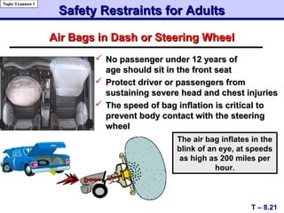 Safety Restraints for AdultsSafety Restraints for Adults
 No passenger under 12 years ofNo passenger under 12 years of
age should sit in the front seatage should sit in the front seat
 Protect driver or passengers fromProtect driver or passengers from
sustaining severe head and chest injuriessustaining severe head and chest injuries
 The speed of bag inflation is critical toThe speed of bag inflation is critical to
prevent body contact with the steeringprevent body contact with the steering
wheelwheel
Air Bags in Dash or Steering WheelAir Bags in Dash or Steering Wheel
T – 8.21
Topic 3 Lesson 1
The air bag inflates in the
blink of an eye, at speeds
as high as 200 miles per
hour.
 
