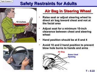 Safety Restraints for AdultsSafety Restraints for Adults
Air Bag in Steering WheelAir Bag in Steering Wheel
• Raise seat or adjust steering wheel toRaise seat or adjust steering wheel to
direct air bag toward chest and not atdirect air bag toward chest and not at
the facial areathe facial area
• Adjust seat for a minimum 10-inchAdjust seat for a minimum 10-inch
clearance between chest and steeringclearance between chest and steering
wheelwheel
• Hand position should be at 8 and 4Hand position should be at 8 and 4
• Avoid 10 and 2 hand position to preventAvoid 10 and 2 hand position to prevent
blow hole burns to hands and armsblow hole burns to hands and arms
T – 8.22
Topic 3 Lesson 1
10 inches
 