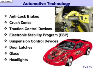  Anti-Lock BrakesAnti-Lock Brakes
 Crush ZonesCrush Zones
 Traction Control DevicesTraction Control Devices
 Electronic Stability Program (ESP)Electronic Stability Program (ESP)
 Suspension Control DevicesSuspension Control Devices
 Door LatchesDoor Latches
 GlassGlass
 HeadlightsHeadlights
Automotive TechnologyAutomotive Technology
T – 8.33
Topic 4 Lesson 2
 