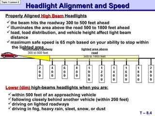 Headlight Alignment and SpeedHeadlight Alignment and Speed
Properly AlignedProperly Aligned High BeamHigh Beam HeadlightsHeadlights
T – 8.4
Topic 1 Lesson 2
illuminated roadway
300 to 500 feet
lighted area above
road
500 to 1800 feet
the beam hits the roadway 300 to 500 feet ahead
illuminates the area above the road 500 to 1800 feet ahead
load, load distribution, and vehicle height affect light beam
distance
maximum safe speed is 65 mph based on your ability to stop within
the lighted area
Lower (dim)Lower (dim) high-beams headlights when you are:high-beams headlights when you are:
within 500 feet of an approaching vehicle
following closely behind another vehicle (within 200 feet)
driving on lighted roadways
driving in fog, heavy rain, sleet, snow, or dust
 