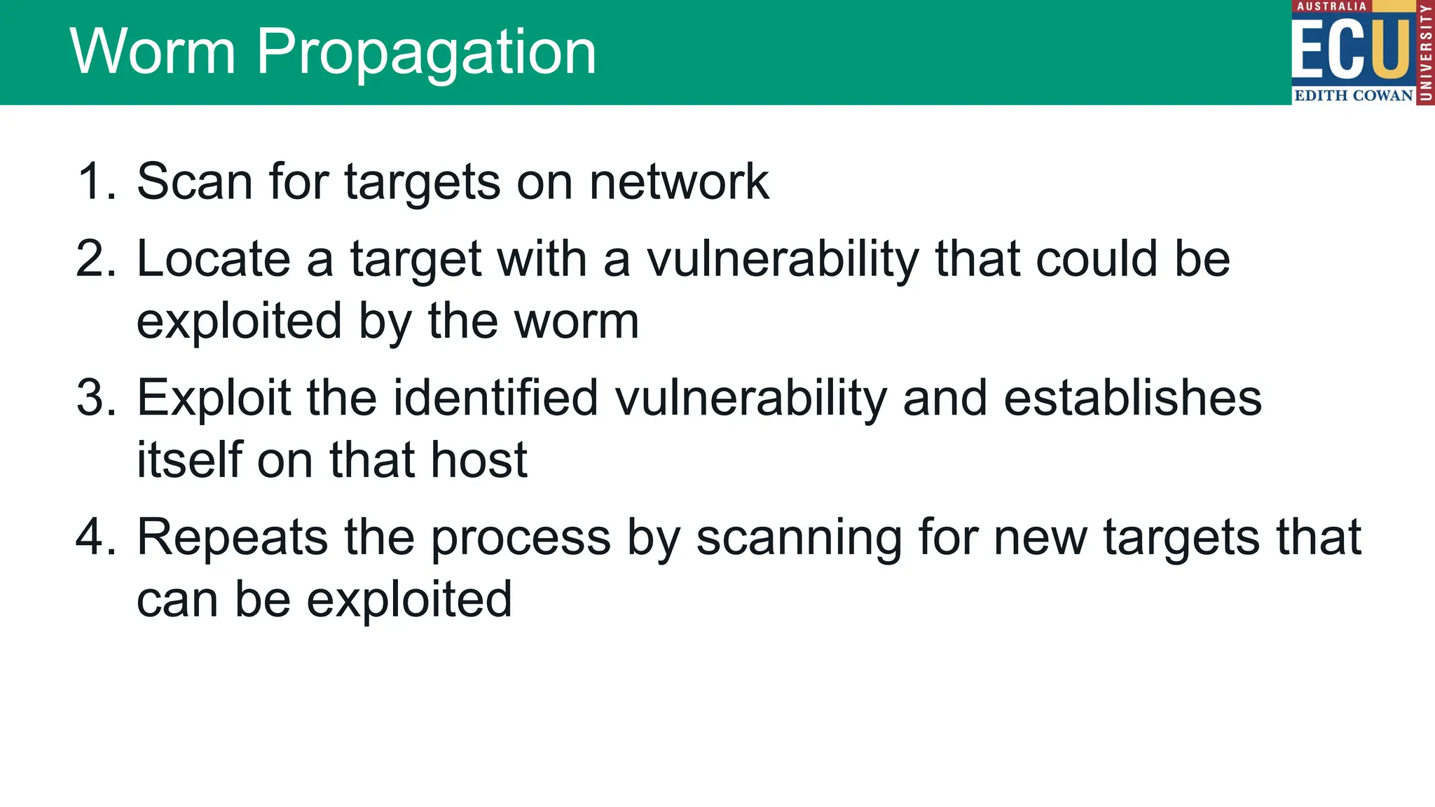 1. Scan for targets on network
2. Locate a target with a vulnerability that could be
exploited by the worm
3. Exploit the identified vulnerability and establishes
itself on that host
4. Repeats the process by scanning for new targets that
can be exploited
Worm Propagation
 