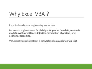 Comprehensive Guide to Excel VBA Macros for Petroleum Engineering | PPTX