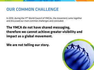 OUR COMMON CHALLENGE
In 2010, during the 17th World Council of YMCAs, the movement came together
and discussed our main common challenges and concluded:
The YMCA do not have shared messaging,
therefore we cannot achieve greater visibility and
impact as a global movement.
We are not telling our story.
 