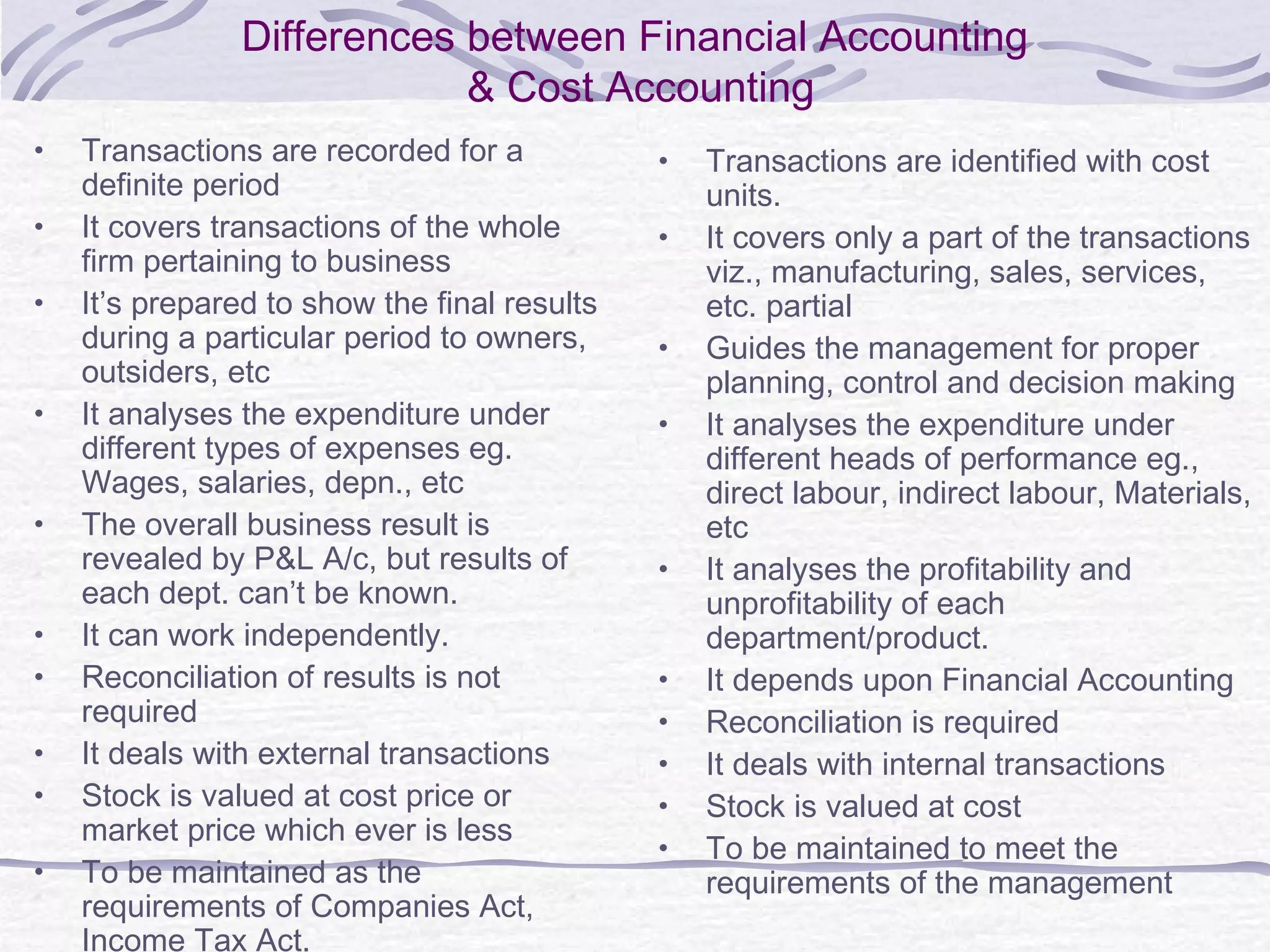 Differences between Financial Accounting
& Cost Accounting
• Transactions are recorded for a
definite period
• It covers transactions of the whole
firm pertaining to business
• It’s prepared to show the final results
during a particular period to owners,
outsiders, etc
• It analyses the expenditure under
different types of expenses eg.
Wages, salaries, depn., etc
• The overall business result is
revealed by P&L A/c, but results of
each dept. can’t be known.
• It can work independently.
• Reconciliation of results is not
required
• It deals with external transactions
• Stock is valued at cost price or
market price which ever is less
• To be maintained as the
requirements of Companies Act,
Income Tax Act.
• Transactions are identified with cost
units.
• It covers only a part of the transactions
viz., manufacturing, sales, services,
etc. partial
• Guides the management for proper
planning, control and decision making
• It analyses the expenditure under
different heads of performance eg.,
direct labour, indirect labour, Materials,
etc
• It analyses the profitability and
unprofitability of each
department/product.
• It depends upon Financial Accounting
• Reconciliation is required
• It deals with internal transactions
• Stock is valued at cost
• To be maintained to meet the
requirements of the management
 