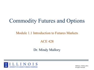 Commodity Futures and Options

  Module 1.1 Introduction to Futures Markets

                  ACE 428

             Dr. Mindy Mallory



                                          ©Mindy L. Mallory 2011
                                          All rights reserved
 