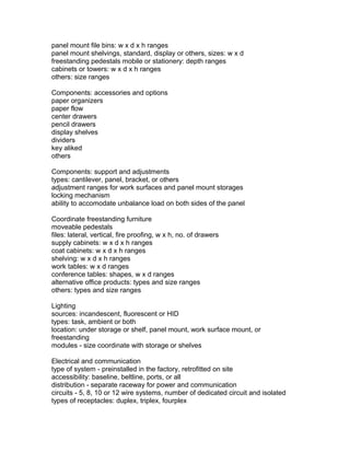 panel mount file bins: w x d x h ranges
panel mount shelvings, standard, display or others, sizes: w x d
freestanding pedestals mobile or stationery: depth ranges
cabinets or towers: w x d x h ranges
others: size ranges
Components: accessories and options
paper organizers
paper flow
center drawers
pencil drawers
display shelves
dividers
key aliked
others
Components: support and adjustments
types: cantilever, panel, bracket, or others
adjustment ranges for work surfaces and panel mount storages
locking mechanism
ability to accomodate unbalance load on both sides of the panel
Coordinate freestanding furniture
moveable pedestals
files: lateral, vertical, fire proofing, w x h, no. of drawers
supply cabinets: w x d x h ranges
coat cabinets: w x d x h ranges
shelving: w x d x h ranges
work tables: w x d ranges
conference tables: shapes, w x d ranges
alternative office products: types and size ranges
others: types and size ranges
Lighting
sources: incandescent, fluorescent or HID
types: task, ambient or both
location: under storage or shelf, panel mount, work surface mount, or
freestanding
modules - size coordinate with storage or shelves
Electrical and communication
type of system - preinstalled in the factory, retrofitted on site
accessibility: baseline, beltline, ports, or all
distribution - separate raceway for power and communication
circuits - 5, 8, 10 or 12 wire systems, number of dedicated circuit and isolated
types of receptacles: duplex, triplex, fourplex

 