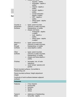 shapes and sizes:
o squares - widths
o rectangles - depths x
widths
o mitered - depths x
widths
o curved - depths x
widths
o curved extended System Furniture Evaluations depths x widths Lighting
and Selection:
o VDT - depths x
widths
o others types - depths
x widths
•

Counter or
transaction
Surfaces

•

•

Shared or
pass
through
surfaces

•

Other
surfaces

•

•

•

Finishes

•
•

types: panel mounted,
columns or poles mounted,
freestanding, or mobile
shapes and sizes:
o rectangular - depths
x widths
o oval - depths x
widths
o others types - depths
x widths
types: panel mounted,
columns or poles mounted,
freestanding, or mobile
sizes:depths x widths
types: panel mounted,
columns or poles mounted,
freestanding, or mobile
shapes and sizes:depths x
widths
laminates: nos. of color
selections
wood veneer: species and
grades

Panel mounted surfaces: Convertible to
freestanding unit
Panel mounted surfaces: Height adjustment
ranges
Continuity of work surfaces between adjacent
surfaces
Pedestals
Features

•
•
•
•
•

4 box drawers
box/box/file
box/door
file/file
others

Types &
Sizes

•

stationery or freestanding:
full profile - depths

 