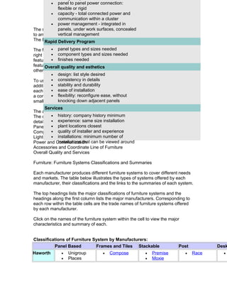 panel to panel power connection:
flexible or rigid
• capacity - total connected power and
communication within a cluster
• power management - integrated in
panels, under work surfaces, concealed
The second phase is to use a detail evaluation form to study the systems in detail
vertical management
to arrive at the final selection
The Evaluation forms Program
Rapid Delivery
•

panel types and sizes needed
The form•consists of 2 columns. The left column is the evaluation categories, the
•
right column component types and sizes needed is the entry of the performance
corresponding to each category row
• finishes needed
feature. If a feature is not available, enter NA for not applicable. If a specific
feature present in the and esthetics not represented, add the features under
Overall quality system that is
other.
• design: list style desired
• consistency in details
To use the list for comparative analyses between different systems, enter
• stability and durability
additional columns on the right side. By comparing the information across from
• ease be able to visualize the differences between the systems. For
each row, one willof installation
• flexibility: reconfigure compare between five systems, whereas for a
a corporate project, it is normal to ease, without
knocking down will be adequate.
small project, three systemsadjacent panels
Services
The abbreviated evaluation form
• history: company history minimum
The detail evaluation forms - this is broken down into different forms for more
• experience: same size installation
detail evaluation:
• plant
Panels Evaluationlocations closest
• quality of installer and experience
Component Evaluations
Lighting • installations: minimum number of
installations that
Power and Communication can be viewed around
Accessories and Coordinate Line of Furniture
Overall Quality and Services
Furniture: Furniture Systems Classifications and Summaries
Each manufacturer produces different furniture systems to cover different needs
and markets. The table below illustrates the types of systems offered by each
manufacturer, their classifications and the links to the summaries of each system.
The top headings lists the major classifications of furniture systems and the
headings along the first column lists the major manufacturers. Corresponding to
each row within the table cells are the trade names of furniture systems offered
by each manufacturer.
Click on the names of the furniture system within the cell to view the major
characteristics and summary of each.
Classifications of Furniture System by Manufacturers:
Panel Based
Frames and Tiles Stackable
Haworth

•
•

Unigroup
Places

•

Compose

•
•

Premise
Moxie

Post
•

Desk
Race

•

 