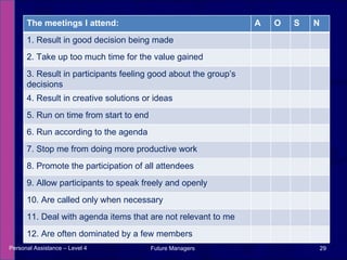 Personal Assistance – Level 4 Future Managers  The meetings I attend: A O S N 1. Result in good decision being made 2. Take up too much time for the value gained 3. Result in participants feeling good about the group’s decisions 4. Result in creative solutions or ideas 5. Run on time from start to end 6. Run according to the agenda 7. Stop me from doing more productive work 8. Promote the participation of all attendees 9. Allow participants to speak freely and openly 10. Are called only when necessary 11. Deal with agenda items that are not relevant to me 12. Are often dominated by a few members 