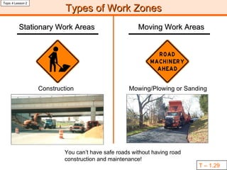 Types of Work Zones Stationary Work Areas Moving Work Areas Topic 4 Lesson 2 T – 1.29 Construction Mowing/Plowing or Sanding You can’t have safe roads without having road construction and maintenance! 