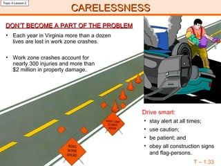 CARELESSNESS T – 1.33 Topic 4 Lesson 2 Each year in Virginia more than a dozen lives are lost in work zone crashes. Drive smart: DON’T BECOME A PART OF THE PROBLEM Work zone crashes account for nearly 300 injuries and more than $2 million in property damage. stay alert at all times; use caution;  be patient; and  obey all construction signs and flag-persons. 