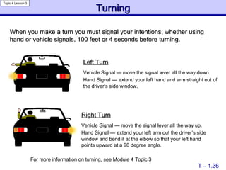 Turning T – 1.36 Left Turn   Vehicle Signal  —  move the signal lever all the way down.  Hand Signal  —   extend your left hand and arm straight out of the driver’s side window. Right Turn   Vehicle Signal  —  move the signal lever all the way up.  Hand Signal  —   extend your left arm out the driver’s side window and bend it at the elbow so that your left hand points upward at a 90 degree angle.  When you make a turn you must signal your intentions, whether using hand or vehicle signals, 100 feet or 4 seconds before turning.   Topic 4 Lesson 3 For more information on turning, see Module 4 Topic 3 