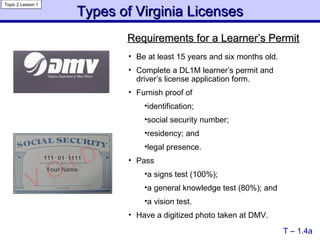 Types of Virginia Licenses T – 1.4a Topic 2 Lesson 1 Be at least 15 years and six months old. Complete a DL1M learner’s permit and driver’s license application form. Furnish proof of identification; social security number; residency; and legal presence. Pass a signs test (100%); a general knowledge test (80%); and a vision test. Have a digitized photo taken at DMV. Requirements for a Learner’s Permit 