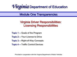 Virginia Driver Responsibilities: Licensing Responsibilities Topic 1 --   Goals of the Program Topic 2 --   Your License to Drive Topic 3 --   Right-of-Way Concepts Topic 4 --   Traffic Control Devices Module One Transparencies Virginia   Department of Education Provided in cooperation with the Virginia Department of Motor Vehicles 