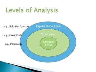 e.g., Selection Systems e.g., Groupthink e.g., Personality Group Level Individual  Level Organizational Level 