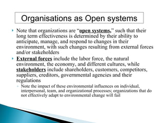 Note that organizations are “ open systems , ” such that their long term effectiveness is determined by their ability to anticipate, manage, and respond to changes in their environment, with such changes resulting from external forces and/or stakeholders External forces   include the labor force, the natural environment, the economy, and different cultures, while   stakeholders  include shareholders, customers, competitors, suppliers, creditors, governmental agencies and their regulations  Note the impact of these environmental influences on individual, interpersonal, team, and organizational processes; organizations that do not effectively adapt to environmental change will fail Organisations as Open systems 