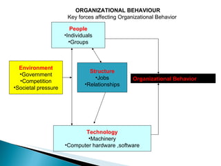 ORGANIZATIONAL BEHAVIOUR Key forces affecting Organizational Behavior People Individuals Groups Environment Government Competition Societal pressure Organizational Behavior Technology Machinery Computer hardware ,software Structure Jobs Relationships 