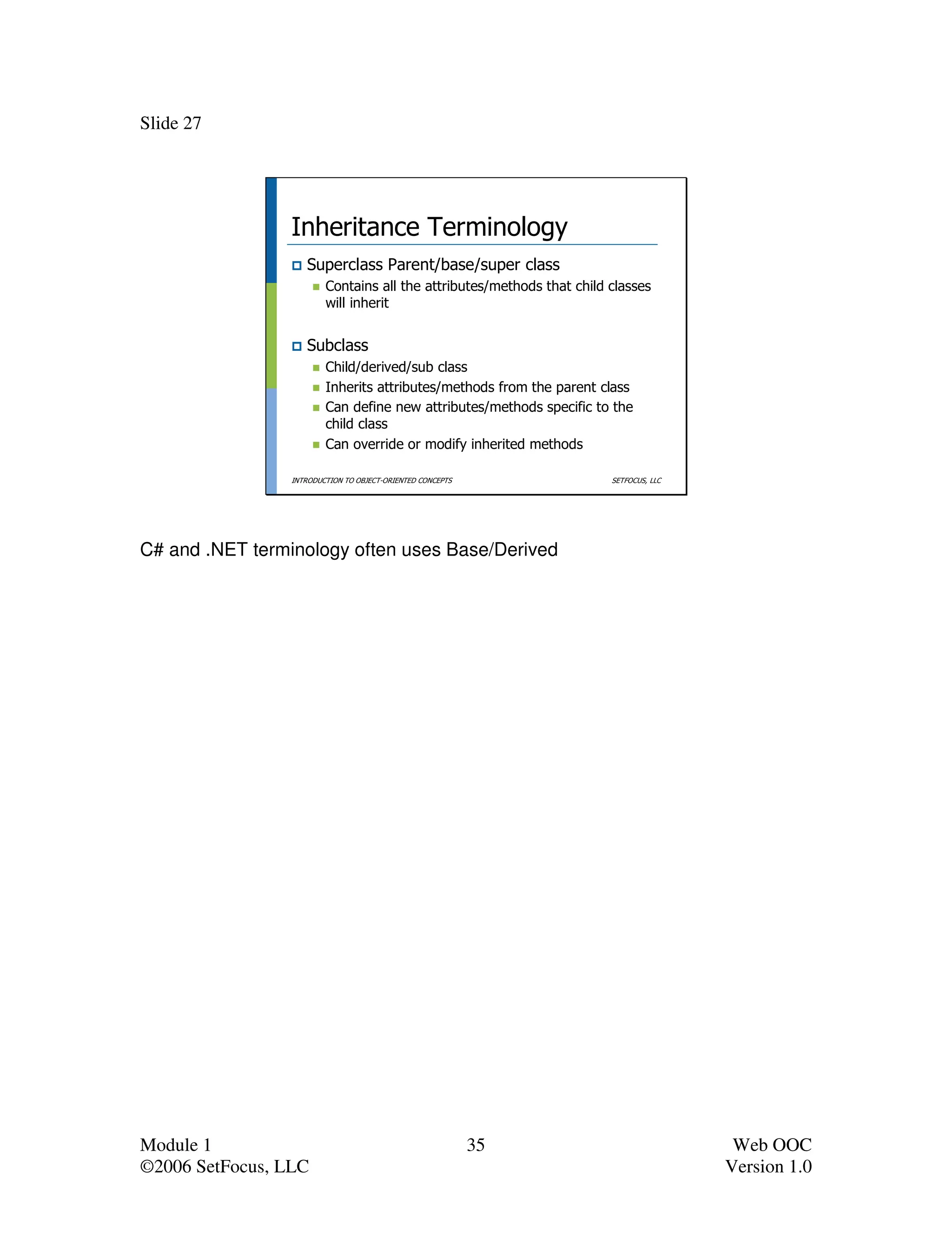 Slide 27




                 Inheritance Terminology
                    Superclass Parent/base/super class
                         Contains all the attributes/methods that child classes
                         will inherit


                    Subclass
                         Child/derived/sub class
                         Inherits attributes/methods from the parent class
                         Can define new attributes/methods specific to the
                         child class
                         Can override or modify inherited methods

                 INTRODUCTION TO OBJECT-ORIENTED CONCEPTS               SETFOCUS, LLC




C# and .NET terminology often uses Base/Derived




Module 1                                                    35                           Web OOC
©2006 SetFocus, LLC                                                                     Version 1.0
 