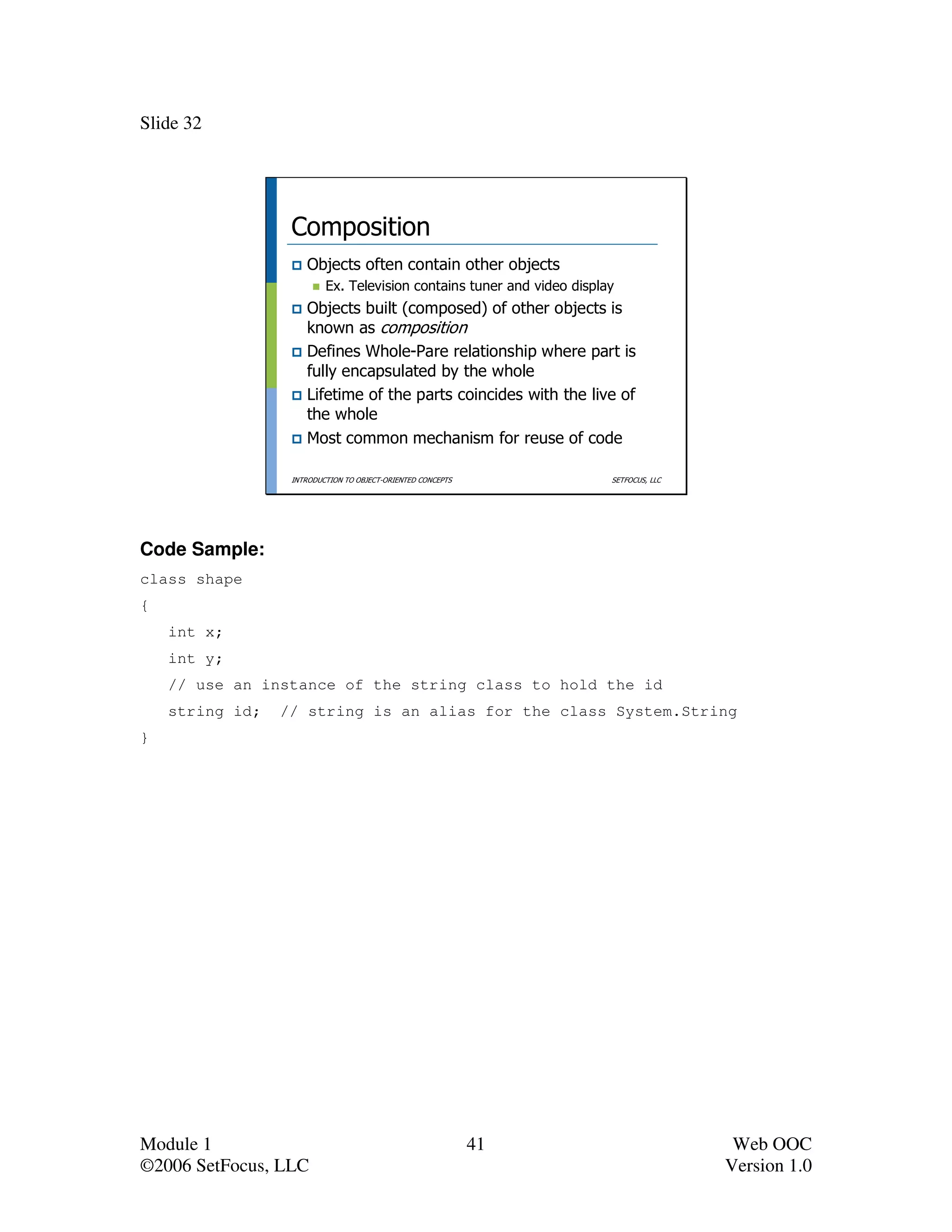 Slide 32




                  Composition
                     Objects often contain other objects
                          Ex. Television contains tuner and video display
                     Objects built (composed) of other objects is
                     known as composition
                     Defines Whole-Pare relationship where part is
                     fully encapsulated by the whole
                     Lifetime of the parts coincides with the live of
                     the whole
                     Most common mechanism for reuse of code

                  INTRODUCTION TO OBJECT-ORIENTED CONCEPTS              SETFOCUS, LLC




Code Sample:
class shape
{
    int x;
    int y;
    // use an instance of the string class to hold the id
    string id;   // string is an alias for the class System.String
}




Module 1                                                     41                          Web OOC
©2006 SetFocus, LLC                                                                     Version 1.0
 