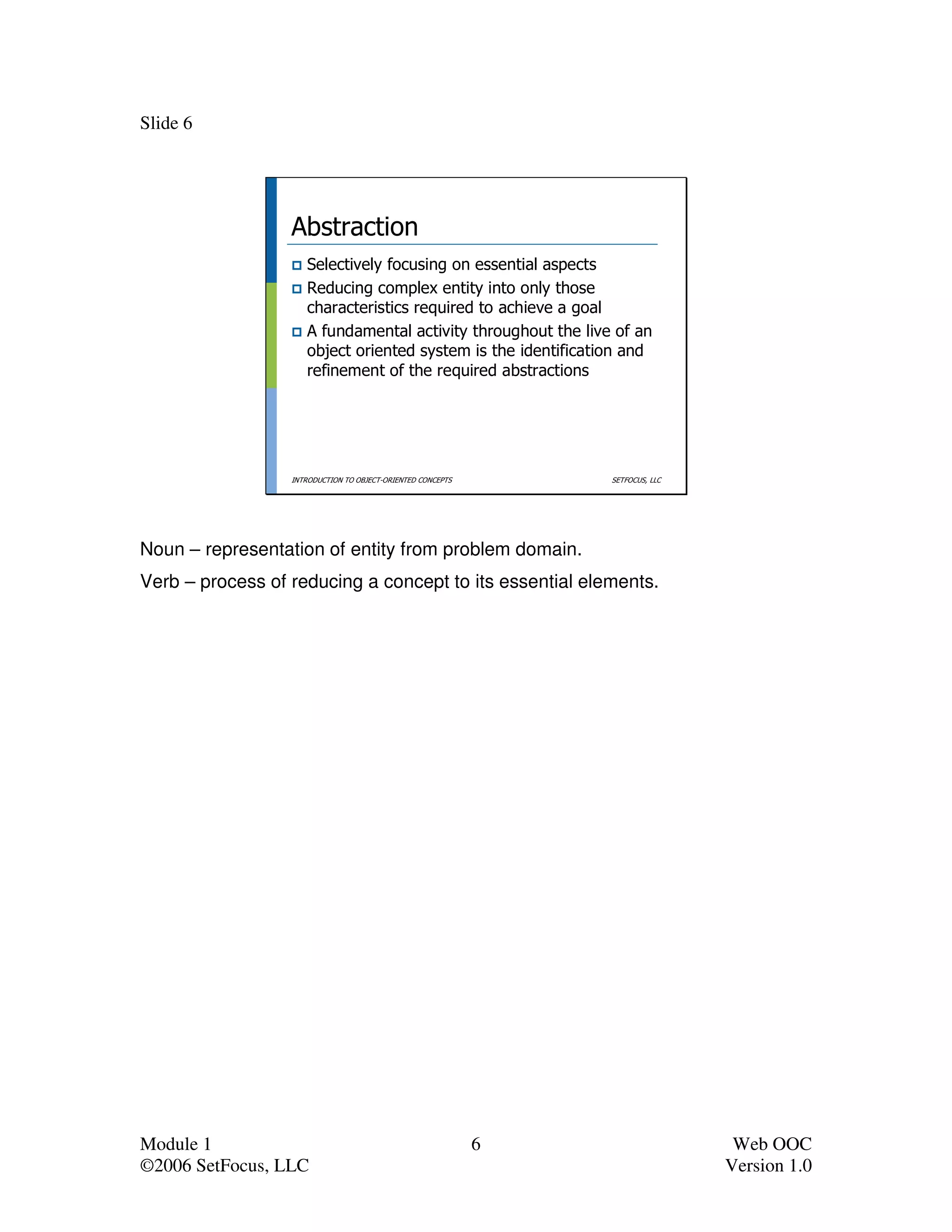 Slide 6




                  Abstraction
                     Selectively focusing on essential aspects
                     Reducing complex entity into only those
                     characteristics required to achieve a goal
                     A fundamental activity throughout the live of an
                     object oriented system is the identification and
                     refinement of the required abstractions




                  INTRODUCTION TO OBJECT-ORIENTED CONCEPTS       SETFOCUS, LLC




Noun – representation of entity from problem domain.
Verb – process of reducing a concept to its essential elements.




Module 1                                                     6                    Web OOC
©2006 SetFocus, LLC                                                              Version 1.0
 