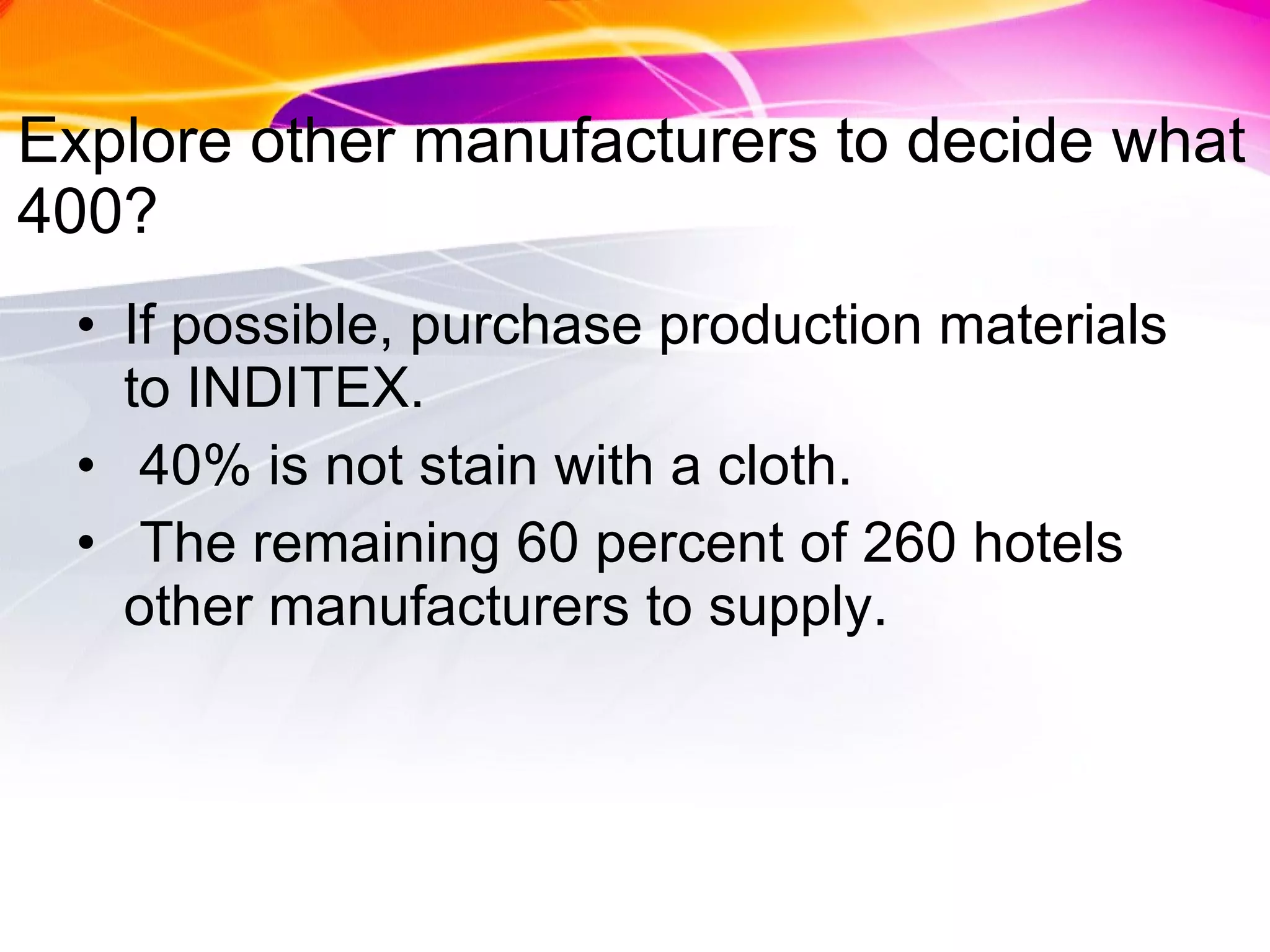 Explore other manufacturers to decide what 400? If possible, purchase production materials to INDITEX. 40% is not stain with a cloth. The remaining 60 percent of 260 hotels other manufacturers to supply. 