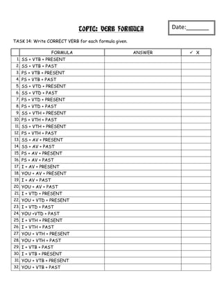 TOPIC: VERB FORMULA              Date:_______
                                                               _
TASK 14: Write CORRECT VERB for each formula given.

                    FORMULA                           ANSWER         X
 1. SS + VTB + PRESENT
 2. SS + VTB + PAST
 3. PS + VTB + PRESENT
 4. PS + VTB + PAST
 5. SS + VTD + PRESENT
 6. SS + VTD + PAST
 7. PS + VTD + PRESENT
 8. PS + VTD + PAST
 9. SS + VTH + PRESENT
10. PS + VTH + PAST
11. SS + VTH + PRESENT
12. PS + VTH + PAST
13. SS + AV + PRESENT
14. SS + AV + PAST
15. PS + AV + PRESENT
16. PS + AV + PAST
17. I + AV + PRESENT
18. YOU + AV + PRESENT
19. I + AV + PAST
20. YOU + AV + PAST
21. I + VTD + PRESENT
22. YOU + VTD + PRESENT
23. I + VTD + PAST
24. YOU +VTD + PAST
25. I + VTH + PRESENT
26. I + VTH + PAST
27. YOU + VTH + PRESENT
28. YOU + VTH + PAST
29. I + VTB + PAST
30. I + VTB + PRESENT
31. YOU + VTB + PRESENT
32. YOU + VTB + PAST
 