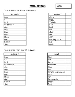 TOPIC: ANIMALS              Date:_______
                                                       _
TASK 5: MATCH THE YOUNG OF ANIMALS

       ANIMALS                                       YOUNG
Bear                                         Chick
Bee                                          Puppy
Bird                                         Tadpole
Chicken/hen                                  Foal
Cow                                          Rack
Dog                                          Cub
Frog                                         Owlet
Goat                                         cub
Horse                                        Calf
Owl                                          Nestling,chick
Rabbit                                       Kid
tiger                                        Grub


TASK 6: MATCH THE HOME OF ANIMALS

       ANIMALS                                       HOME
Bear                                        Nest
Bee                                         Den
Bird                                        Kennel
Chicken/hen                                 Barn,tree
Cow                                         Hive
Dog                                         lair
Frog                                        Hutch,burrow,warren
Goat                                        Coop
Horse                                       Pen
Owl                                         Byre,cowshed
Rabbit                                      Stable
tiger                                       Pond
 