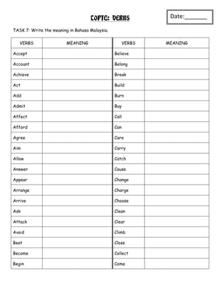 TOPIC: VERBS               Date:_______
                                                               _
TASK 7: Write the meaning in Bahasa Malaysia.

   VERBS                 MEANING                      VERBS   MEANING

Accept                                          Believe

Account                                         Belong

Achieve                                         Break

Act                                             Build

Add                                             Burn

Admit                                           Buy

Affect                                          Call

Afford                                          Can

Agree                                           Care

Aim                                             Carry

Allow                                           Catch

Answer                                          Cause

Appear                                          Change

Arrange                                         Charge

Arrive                                          Choose

Ask                                             Clean

Attack                                          Clear

Avoid                                           Climb

Beat                                            Close

Become                                          Collect

Begin                                           Come
 