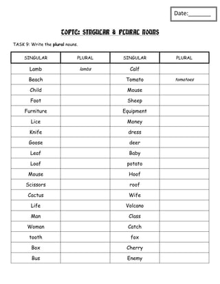 Date:_______
                                                       _
                      TOPIC: SINGULAR & PLURAL NOUNS
TASK 9: Write the plural nouns.


     SINGULAR                 PLURAL      SINGULAR     PLURAL

       Lamb                       lambs     Calf

       Beach                               Tomato      tomatoes

        Child                              Mouse

        Foot                               Sheep

     Furniture                            Equipment

        Lice                               Money

       Knife                                dress

       Goose                                deer

        Leaf                                Baby

        Loaf                               potato

       Mouse                                Hoof

      Scissors                              roof

       Cactus                               Wife

        Life                               Volcano

        Man                                 Class

      Woman                                Catch

       tooth                                fox

        Box                                Cherry

        Bus                                Enemy
 