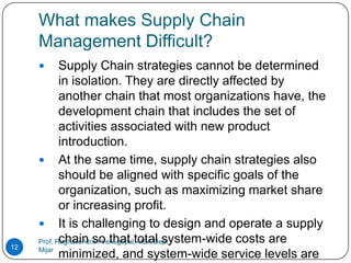 What makes Supply Chain
     Management Difficult?
           Supply Chain strategies cannot be determined
            in isolation. They are directly affected by
            another chain that most organizations have, the
            development chain that includes the set of
            activities associated with new product
            introduction.
      At the same time, supply chain strategies also
            should be aligned with specific goals of the
            organization, such as maximizing market share
            or increasing profit.
      It is challenging to design and operate a supply
            chain so that total system-wide costs are
     Prof. Raghavendran Venugopal, MBA Dept,
12   Mijar
            minimized, and system-wide service levels are
 