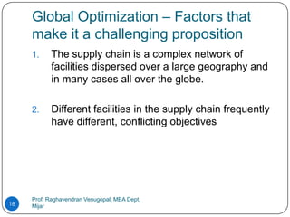 Global Optimization – Factors that
     make it a challenging proposition
     1.    The supply chain is a complex network of
           facilities dispersed over a large geography and
           in many cases all over the globe.

     2.    Different facilities in the supply chain frequently
           have different, conflicting objectives




     Prof. Raghavendran Venugopal, MBA Dept,
18   Mijar
 