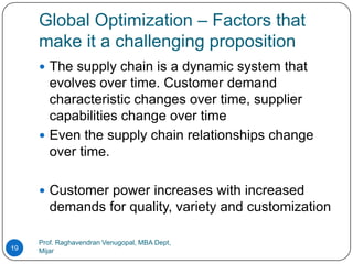 Global Optimization – Factors that
     make it a challenging proposition
      The supply chain is a dynamic system that
       evolves over time. Customer demand
       characteristic changes over time, supplier
       capabilities change over time
      Even the supply chain relationships change
       over time.

      Customer power increases with increased
        demands for quality, variety and customization

     Prof. Raghavendran Venugopal, MBA Dept,
19   Mijar
 
