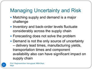 Managing Uncertainty and Risk
      Matching supply and demand is a major
       challenge
      Inventory and back-order levels fluctuate
       considerably across the supply chain
      Forecasting does not solve the problem
      Demand is not the only source of uncertainty
       – delivery lead times, manufacturing yields,
       transportation times and component
       availability also can have significant impact on
       supply chain
     Prof. Raghavendran Venugopal, MBA Dept,
21   Mijar
 