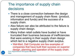 The importance of supply chain
     decisions
      There is a close connection between the design
       and management of supply chain flows (product,
       information and funds) and the success of a
       supply chain.
      Also failure can also be attributed to the failure is
       supply chain design.
      Many Indian retail outlets have busted or have
       truncated their business because of inefficiencies
       that were existing in their supply chain design
       which led to a negative supply chain surplus.
         Wal-Mart, Dell Computer are few examples of
           companies that have built their success on superior
           design, planning and operation of the supply chain.
     Prof. Raghavendran Venugopal, MBA Dept,
24   Mijar
 