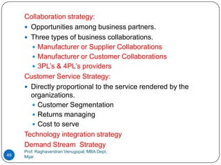 Collaboration strategy:
      Opportunities among business partners.
      Three types of business collaborations.
        Manufacturer or Supplier Collaborations
        Manufacturer or Customer Collaborations
        3PL’s & 4PL’s providers
     Customer Service Strategy:
      Directly proportional to the service rendered by the
       organizations.
        Customer Segmentation
        Returns managing
        Cost to serve
     Technology integration strategy
     Demand Stream Strategy
     Prof. Raghavendran Venugopal, MBA Dept,
49   Mijar
 