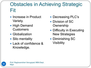 Obstacles in Achieving Strategic
     Fit
      Increase in Product                      Decreasing PLC’s
         Variety.                               Division of SC
        High Demand                             Ownership
         Customers                              Difficulty in Executing
        Globalization                           New Strategies
        Silo mentality                         Diminishing SC
        Lack of confidence &                    Visibility
         Knowledge.



     Prof. Raghavendran Venugopal, MBA Dept,
68   Mijar
 