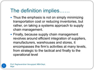 The definition implies……
     Thus the emphasis is not on simply minimizing
      transportation cost or reducing inventories, but
      rather, on taking a systems approach to supply
      chain management.
     Finally, because supply chain management
      revolves around efficient integration of suppliers,
      manufacturers, warehouses and stores, it
      encompasses the firm’s activities at many levels,
      from strategic to the tactical and finally to the
      operational level

    Prof. Raghavendran Venugopal, MBA Dept,
7   Mijar
 