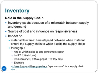 Inventory
 Role in the Supply Chain
  Inventory exists because of a mismatch between supply
   and demand
  Source of cost and influence on responsiveness
  Impact on
      material flow time: time elapsed between when material
       enters the supply chain to when it exits the supply chain
      throughput
        rate at which sales to end consumers occur
        I = RT (Little’s Law)
        I = inventory; R = throughput; T = flow time
        Example
      Prof. Raghavendran Venugopal, MBA Dept, “synonymous”
        Inventory and throughput are                        in a supply chain
75    Mijar
 