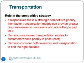 Transportation
     Role in the competitive strategy
      If responsiveness is a strategic competitive priority,
       then faster transportation modes can provide greater
       responsiveness to customers who are willing to pay
       for it
      Can also use slower transportation modes for
       customers whose priority is price (cost)
      Can also consider both inventory and transportation
       to find the right balance


        Prof. Raghavendran Venugopal, MBA Dept,
79      Mijar
 