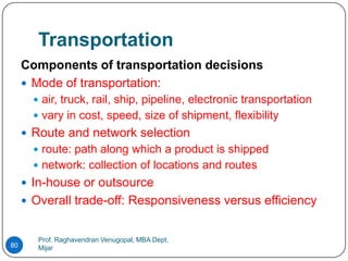 Transportation
     Components of transportation decisions
      Mode of transportation:
        air, truck, rail, ship, pipeline, electronic transportation
        vary in cost, speed, size of shipment, flexibility
      Route and network selection
        route: path along which a product is shipped
        network: collection of locations and routes
      In-house or outsource
      Overall trade-off: Responsiveness versus efficiency


        Prof. Raghavendran Venugopal, MBA Dept,
80      Mijar
 