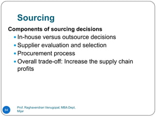 Sourcing
 Components of sourcing decisions
      In-house versus outsource decisions
      Supplier evaluation and selection
      Procurement process
      Overall trade-off: Increase the supply chain
      profits




      Prof. Raghavendran Venugopal, MBA Dept,
84    Mijar
 