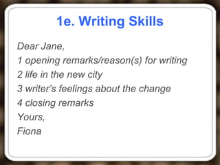1e. Writing Skills
Dear Jane,
1 opening remarks/reason(s) for writing
2 life in the new city
3 writer’s feelings about the change
4 closing remarks
Yours,
Fiona
 
