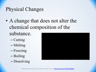 Physical Changes
• A change that does not alter the
chemical composition of the
substance.
– Cutting
– Melting
– Freezing
– Boiling
– Dissolving
Melting Gallium Spoon Standard YouTube License http://youtu.be/cvRcUeWjBu0
 