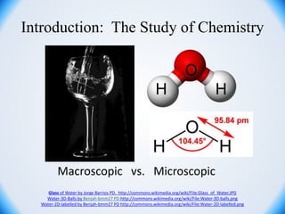 Macroscopic vs. Microscopic
Introduction: The Study of Chemistry
Glass of Water by Jorge Barrios PD. http://commons.wikimedia.org/wiki/File:Glass_of_Water.JPG
Water-3D-Balls by Benjah-bmm27 PD http://commons.wikimedia.org/wiki/File:Water-3D-balls.png
Water-2D-labelled by Benjah-bmm27 PD http://commons.wikimedia.org/wiki/File:Water-2D-labelled.png
O
H H
 