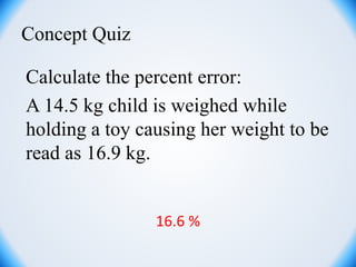 Concept Quiz
Calculate the percent error:
A 14.5 kg child is weighed while
holding a toy causing her weight to be
read as 16.9 kg.
16.6 %
 