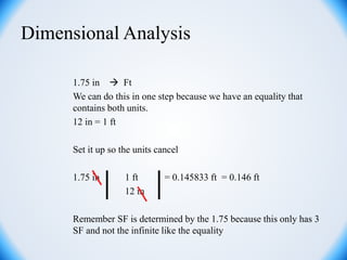 Dimensional Analysis
1.75 in  Ft
We can do this in one step because we have an equality that
contains both units.
12 in = 1 ft
Set it up so the units cancel
1.75 in 1 ft = 0.145833 ft = 0.146 ft
12 in
Remember SF is determined by the 1.75 because this only has 3
SF and not the infinite like the equality
 