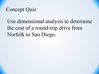 Concept Quiz
Use dimensional analysis to determine
the cost of a round-trip drive from
Norfolk to San Diego.
 