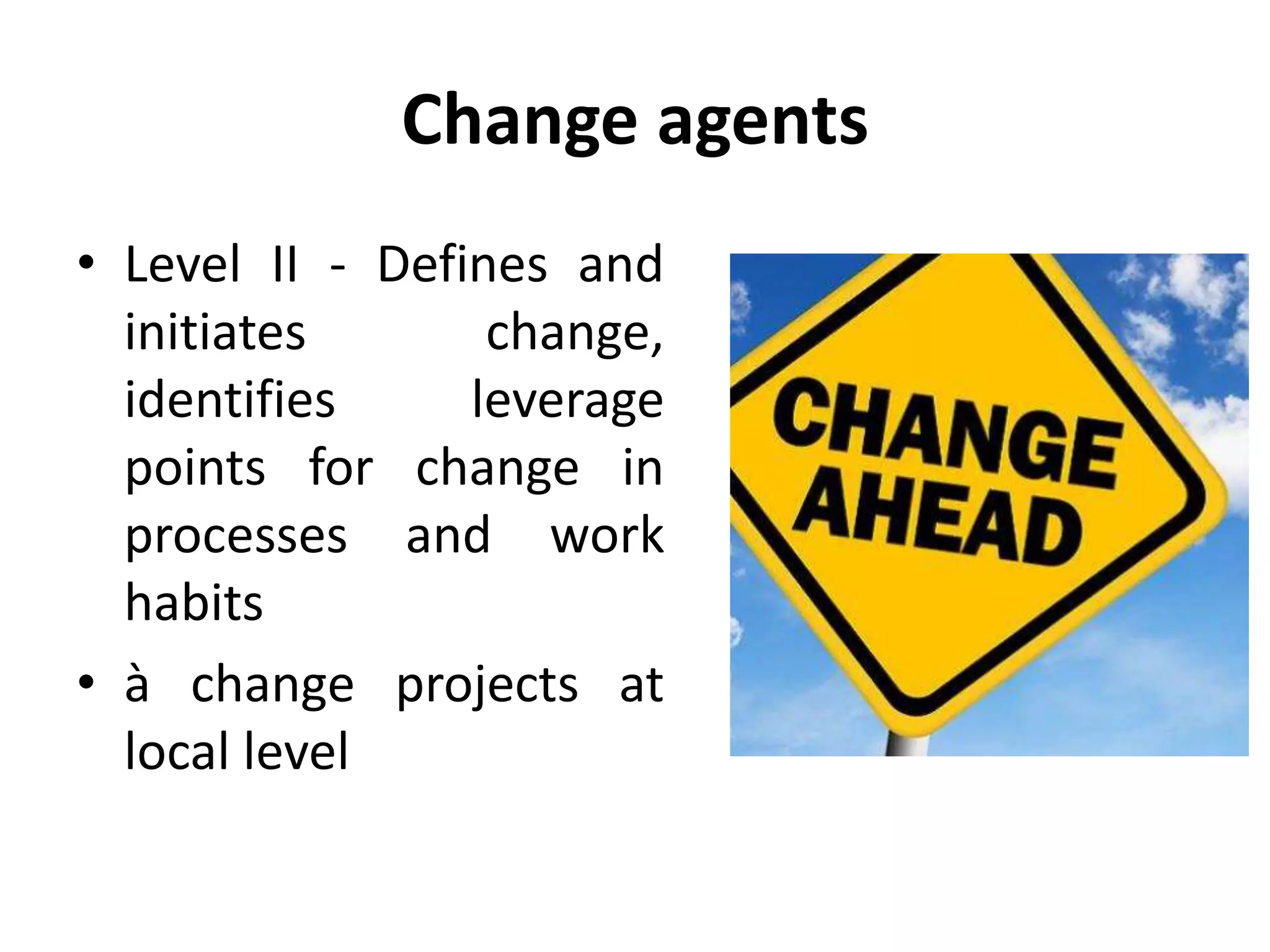 Change agents
• Level II - Defines and
initiates change,
identifies leverage
points for change in
processes and work
habits
• à change projects at
local level
 