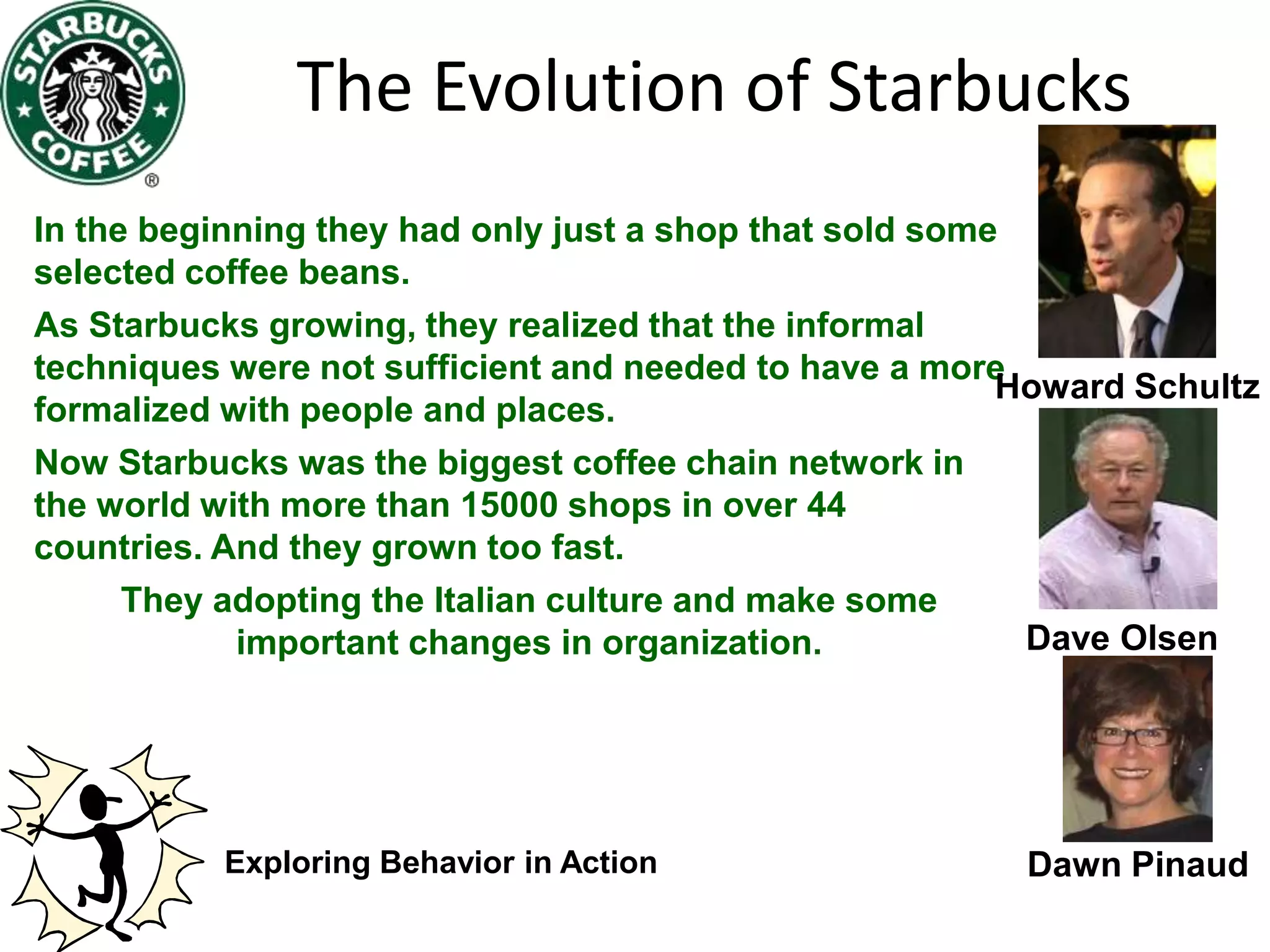 The Evolution of Starbucks
Exploring Behavior in Action
In the beginning they had only just a shop that sold some
selected coffee beans.
As Starbucks growing, they realized that the informal
techniques were not sufficient and needed to have a more
formalized with people and places.
Now Starbucks was the biggest coffee chain network in
the world with more than 15000 shops in over 44
countries. And they grown too fast.
They adopting the Italian culture and make some
important changes in organization.
Howard Schultz
Dave Olsen
Dawn Pinaud
 
